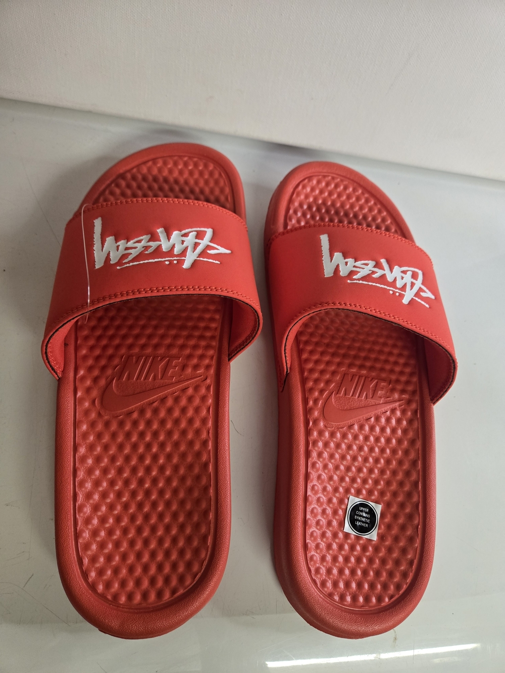 Nike Benassi / Stussy Habanero Red and White Slide Sandals - Picture 4 of 6